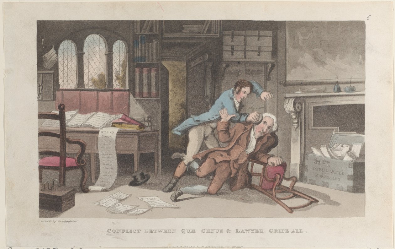 Conflito entre o Género Quae e o Advogado Gripe-all, de The History of Johnny Q..., 1 de Outubro de 1821. de Thomas Rowlandson