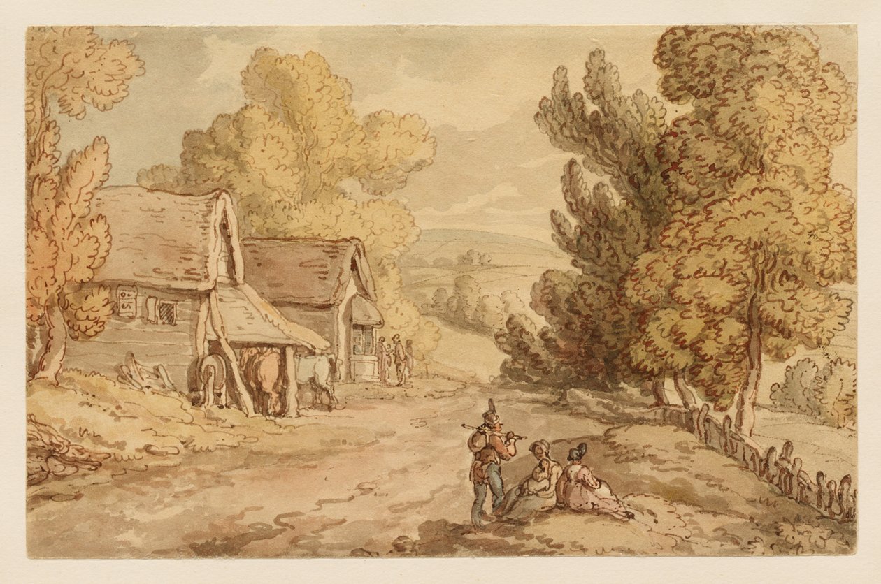 Casinha de campo e celeiro com figuras a descansar à beira de uma estrada rural de Thomas Rowlandson