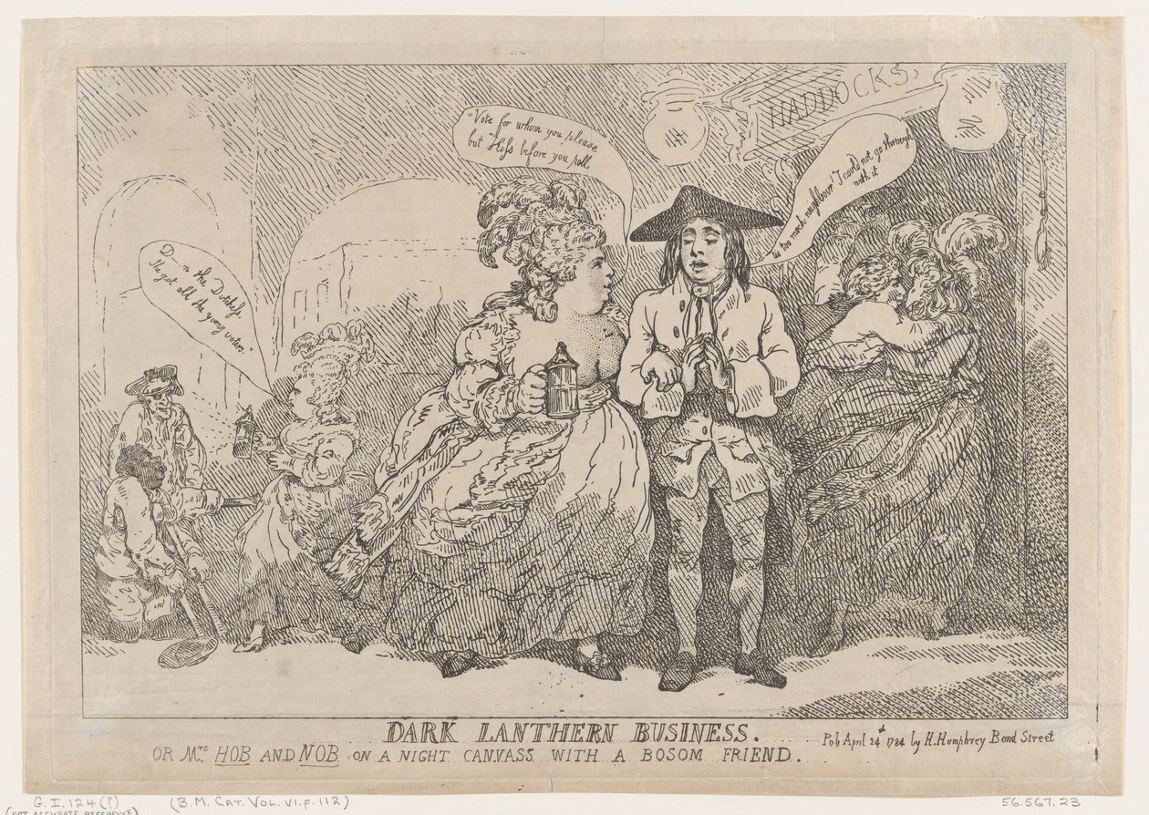 Dark Lantern Business, ou Sra. Hob e Nob On a Night Canvas With a Bosom Fri..., 24 de abril de 1784. de Thomas Rowlandson