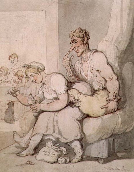 Darning The Sock (caneta e tinta, aguarela) de Thomas Rowlandson