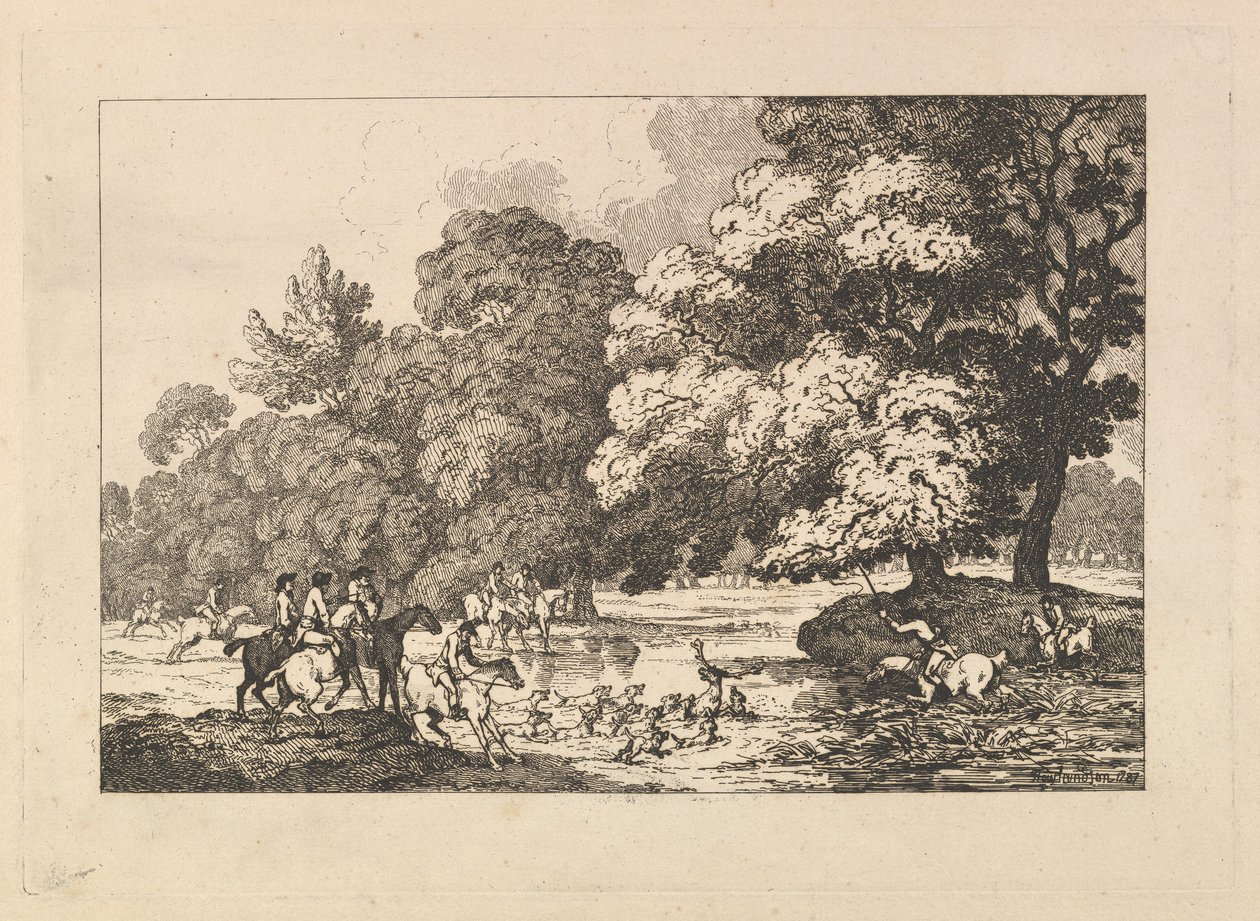 Caça ao veado – Uma paisagem com um veado e cães de caça junto a um rio de Thomas Rowlandson