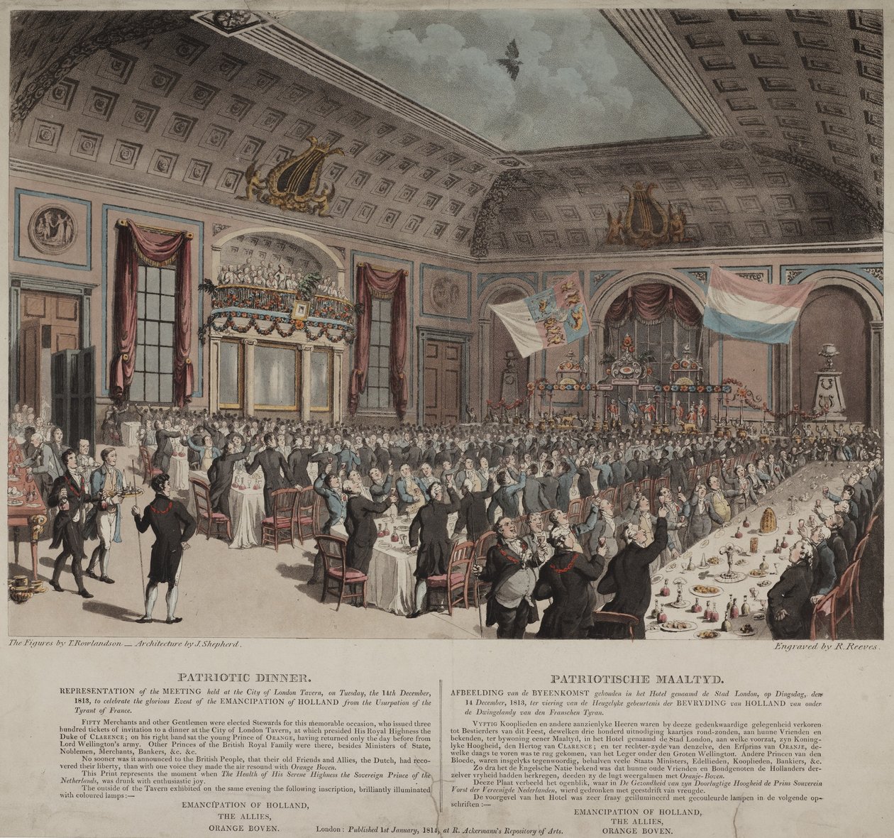 Jantar em comemoração da emancipação da Holanda da França, Cidade de Londres Tavern, Bishopsgate, 1814 (aquatint) de Thomas Rowlandson