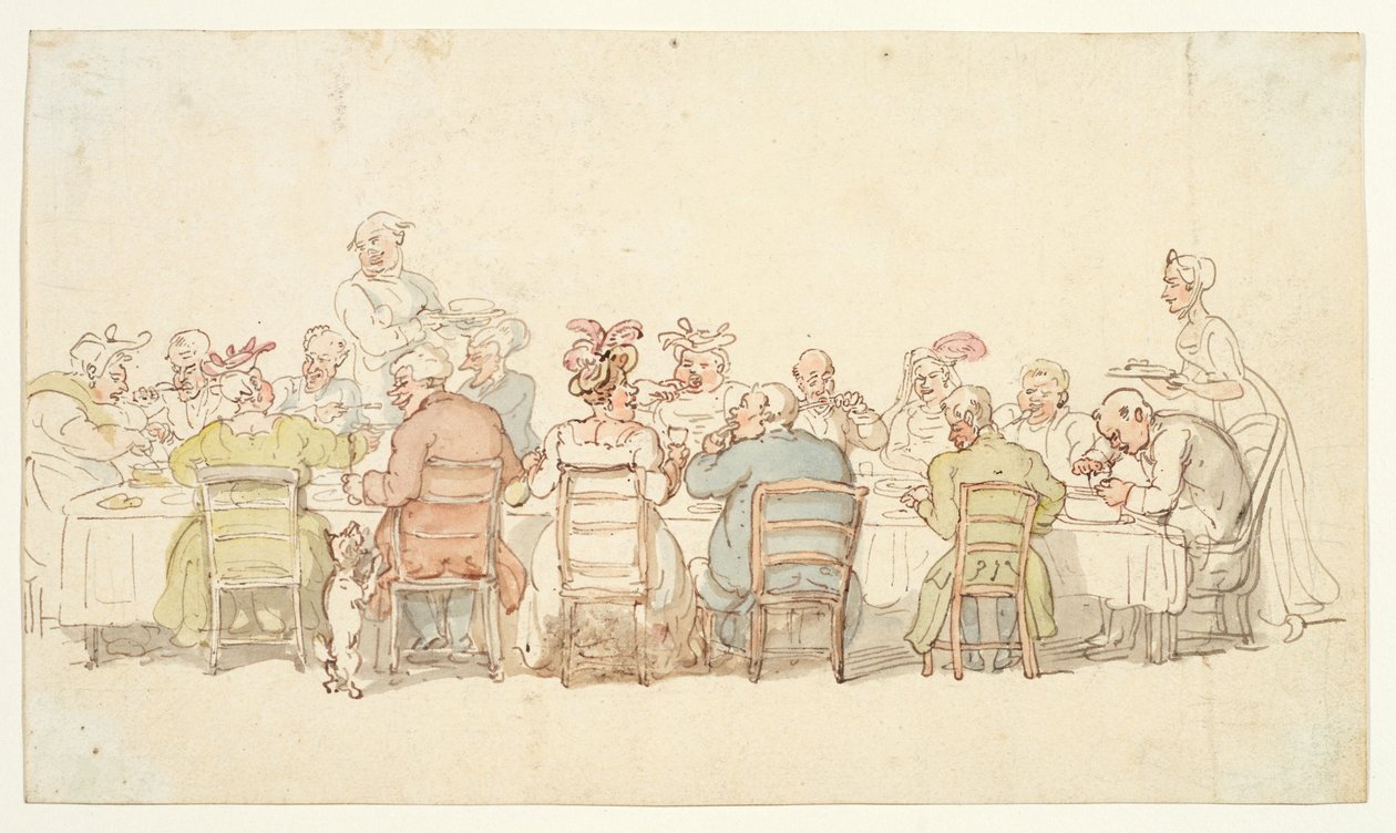 Jantar, século XIX (grafite, caneta e tinta castanha, aguarela sobre papel de cera) de Thomas Rowlandson