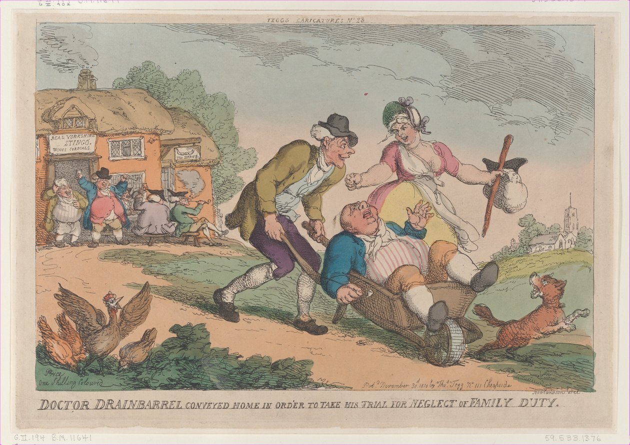 Doutor Drainbarrel transportado para casa a fim de fazer seu julgamento por negligência de Fa..., 30 de novembro de 1810. de Thomas Rowlandson