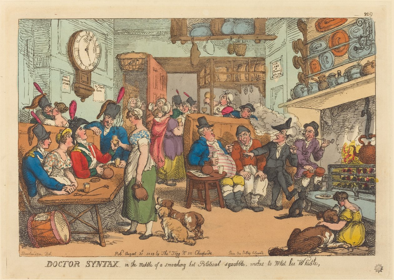 Doctor Syntax, no meio de uma disputa política quente e fumegante, deseja molhar seu assobio de Thomas Rowlandson