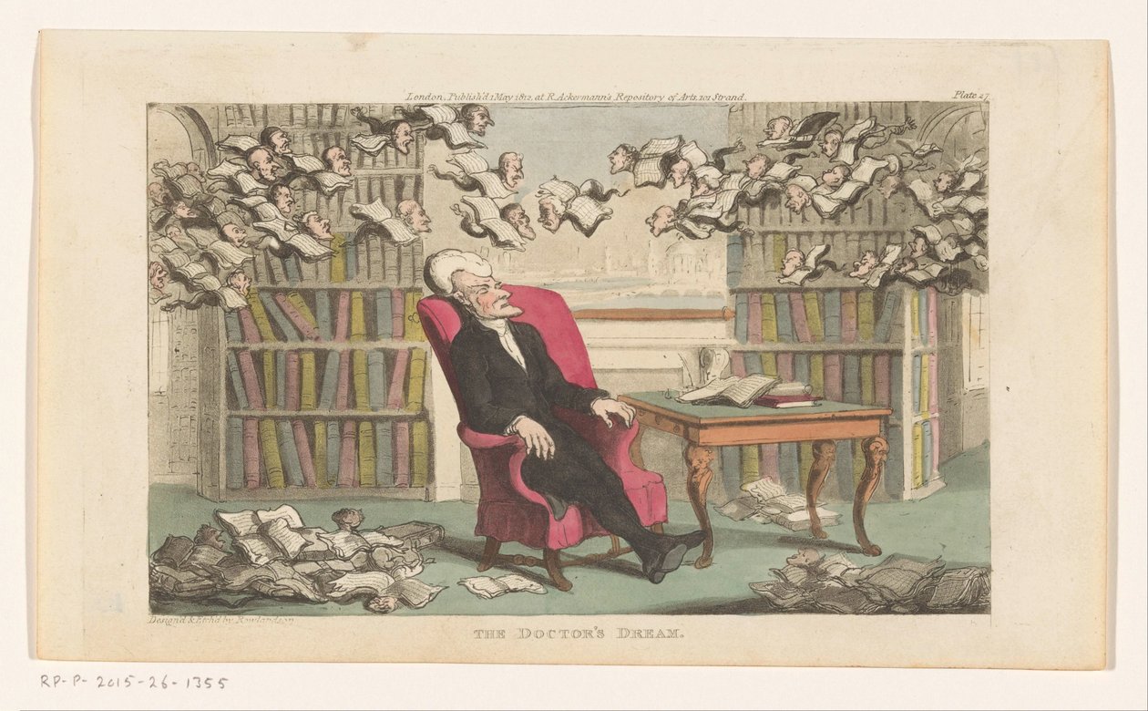 Doctor Syntax slapend in een bibliotheek
The Doctor