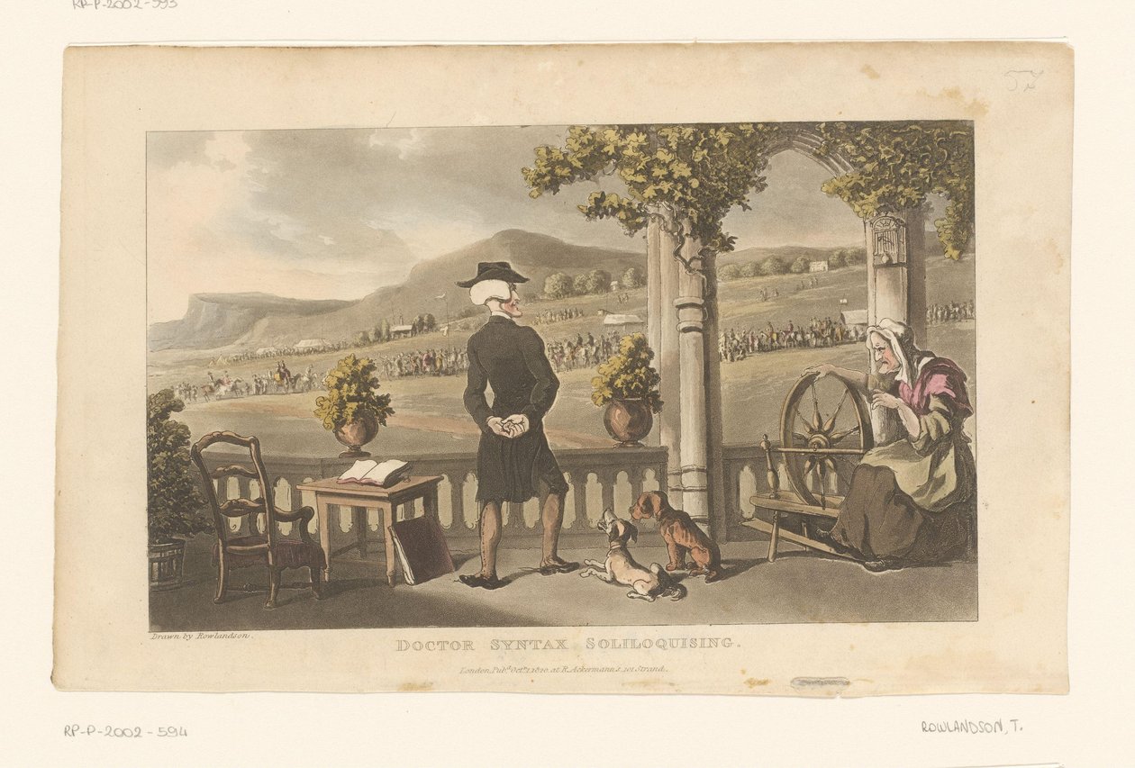 O Doutor Syntax observa atentamente um cortejo na paisagem de Thomas Rowlandson