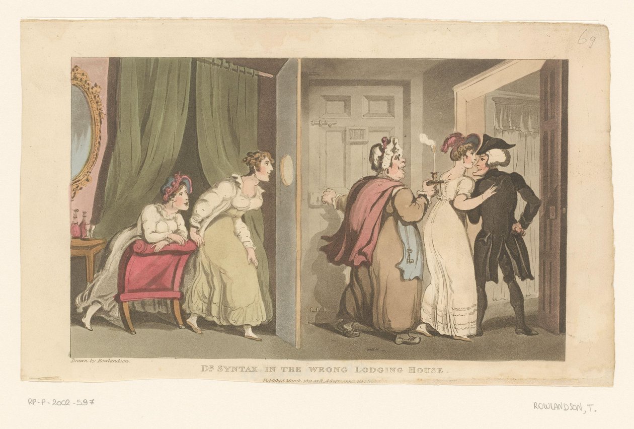 O Doutor Syntax é conduzido através de uma porta por duas mulheres de Thomas Rowlandson