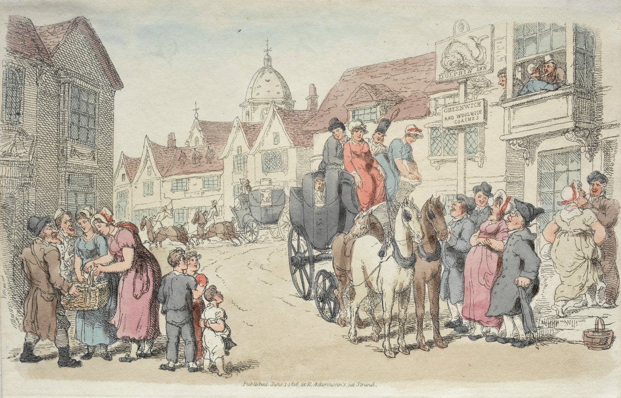 Dolphins Inn: Greenwich e Woolwich Coaches, 1816. de Thomas Rowlandson