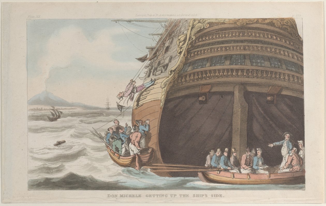 Don Michele subindo o costado do navio, de Nápoles e da Campagna Felice: em um..., 1 de junho de 1815. de Thomas Rowlandson