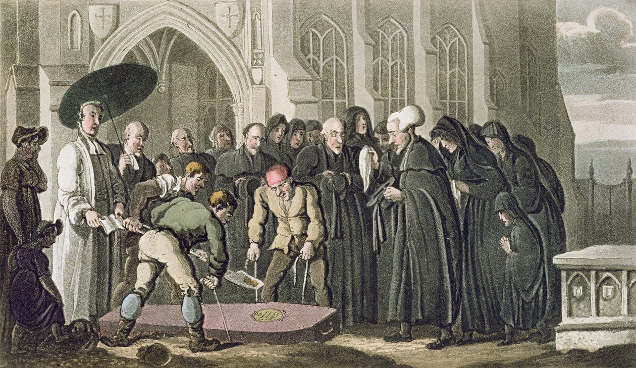 Dr. Syntax no funeral de sua esposa, de &39;O tour do Dr. sintaxe em busca do pitoresco&39;, por William Combe, publicado em 1812 (aquatint) de Thomas Rowlandson