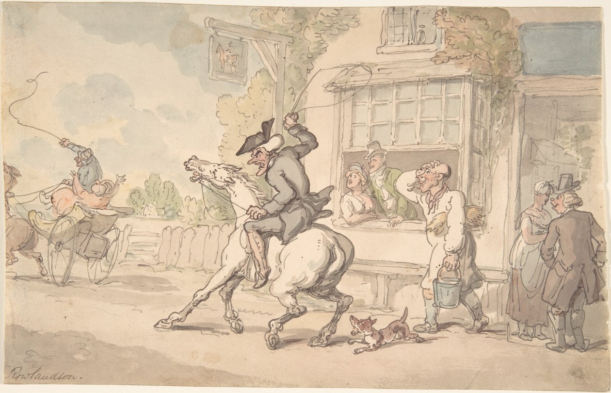 O Dr. Syntax com um cavalo teimoso em frente a uma estalagem de Thomas Rowlandson
