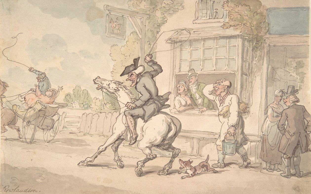 Dr. Sintaxe com um cavalo indeciso antes de uma pousada, século 18-19. de Thomas Rowlandson
