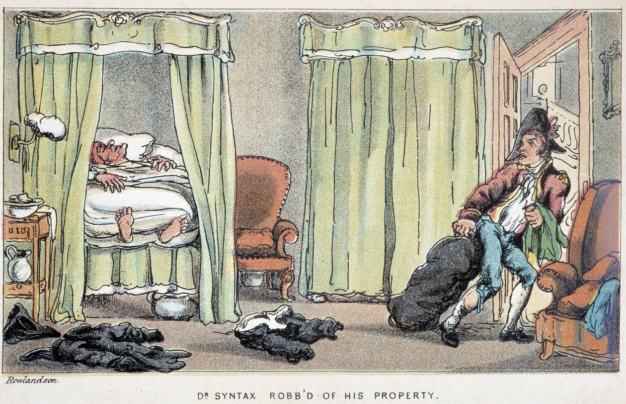 O assalto à casa do Dr. Syntax enquanto dormia - em "Os três passeios do Dr. Syntax: em busca do consolo pitoresco e de uma esposa", de William Combe, doente. Rowlandson de Thomas Rowlandson