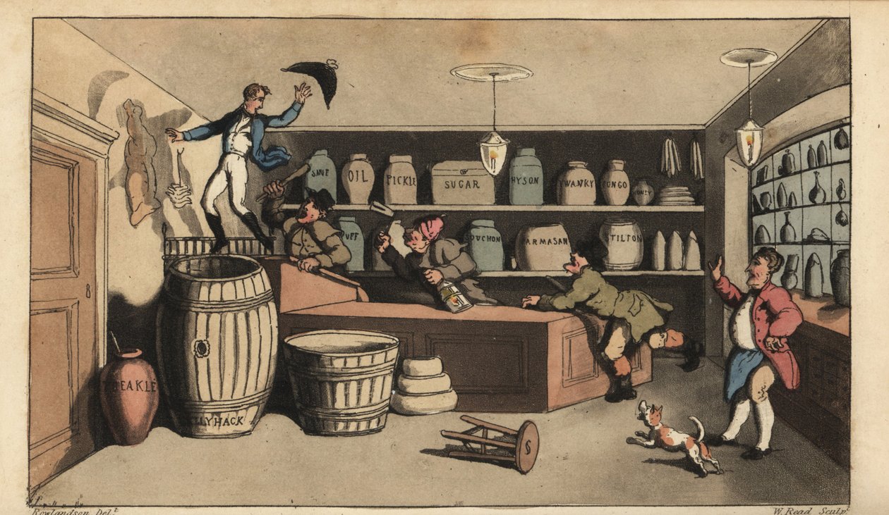 Johnny bêbado perseguido por guardas noturnos numa mercearia prestes a cair num barril de manteiga. Gravura em chapa de cobre colorida à mão por W. Leia depois de uma ilustração de Thomas Rowlandson de Alfred Burton