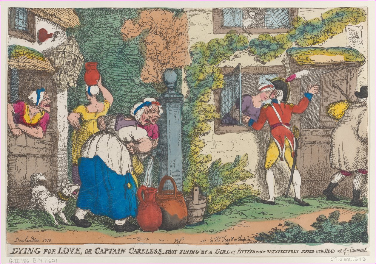 Morrendo de amor, ou capitão descuidado, baleado voando por uma garota de quinze anos que inesperadamente aparece..., 1810. de Thomas Rowlandson