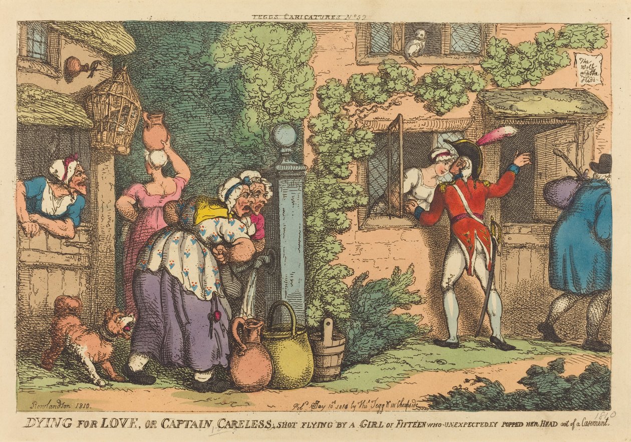 Dying for Love, ou Capitão Careless baleado voando por uma garota de quinze anos, que inesperadamente tirou a cabeça de uma janela de Thomas Rowlandson