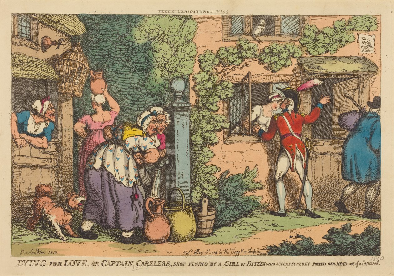 Morrer por amor, ou «O Capitão Descuidado» atingido por uma rapariga de quinze anos, que, inesperadamente, espreitou pela janela de Thomas Rowlandson