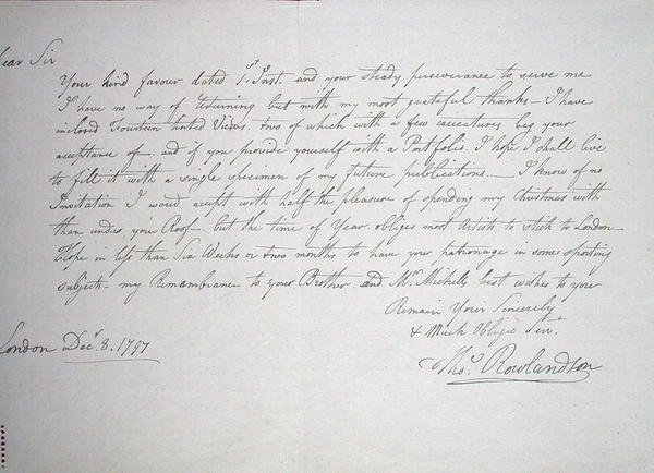 Primeira carta conhecida do artista a um Sr. Downs, um potencial mecenas, 8 de Dezembro de 1797 (caneta e tinta sobre papel) de Thomas Rowlandson