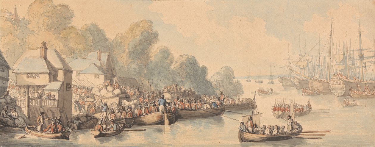 Embarque em Southampton, 20 de junho de 1794 (aquarela e caneta e tinta marrom, cinza e vermelho-marrom sobre grafite em papel tecido creme ligeiramente texturizado) de Thomas Rowlandson