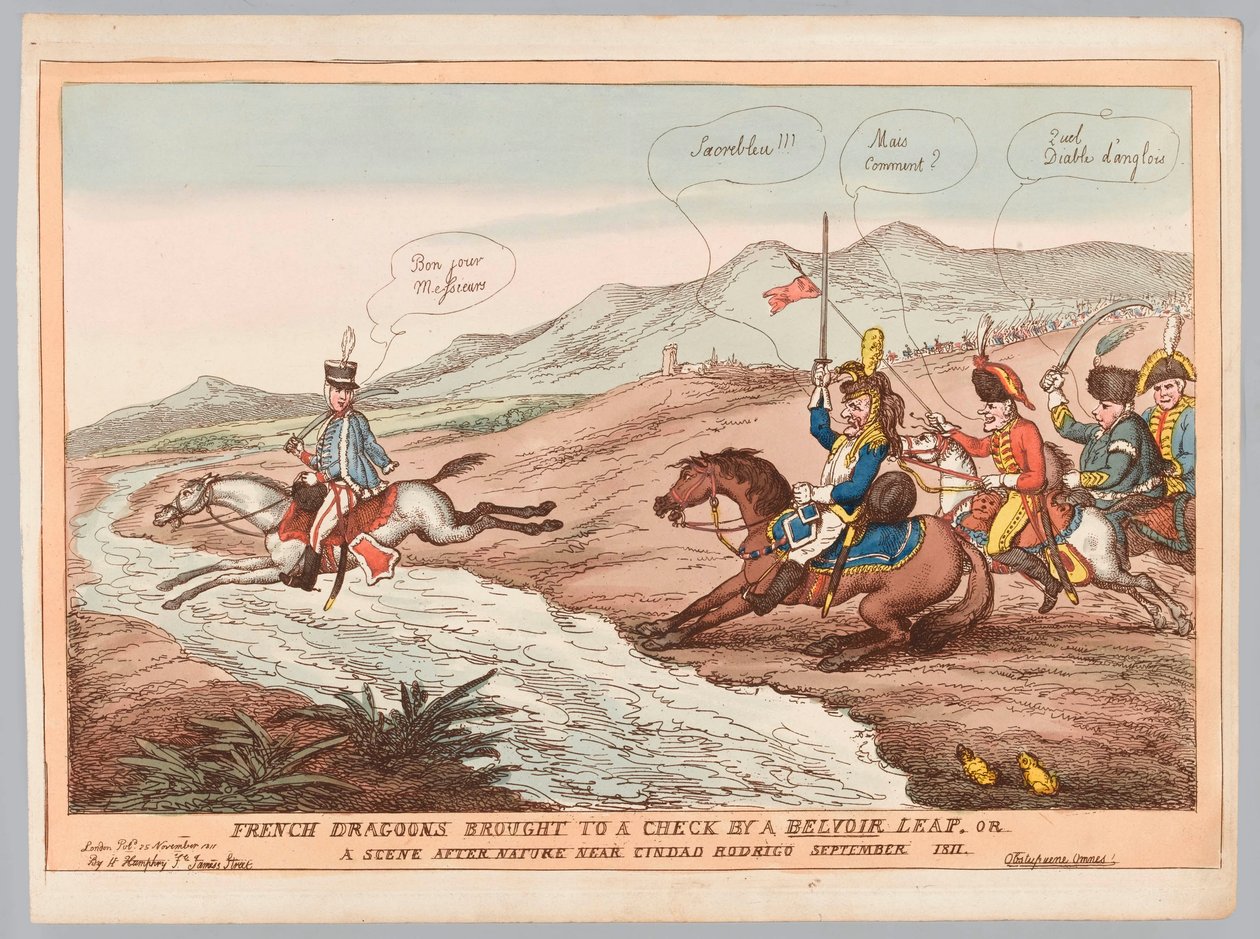 English Manners e French Prudence ou French Dragoons trazidos a um cheque por Belvoir salto Setembro 1811 (gravura, colorido) de Thomas Rowlandson