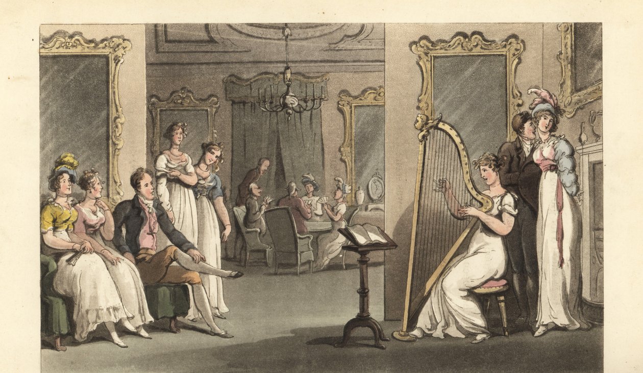 Cavalheiro e senhoras inglesas a ouvir um harpista a um baile de Thomas Rowlandson