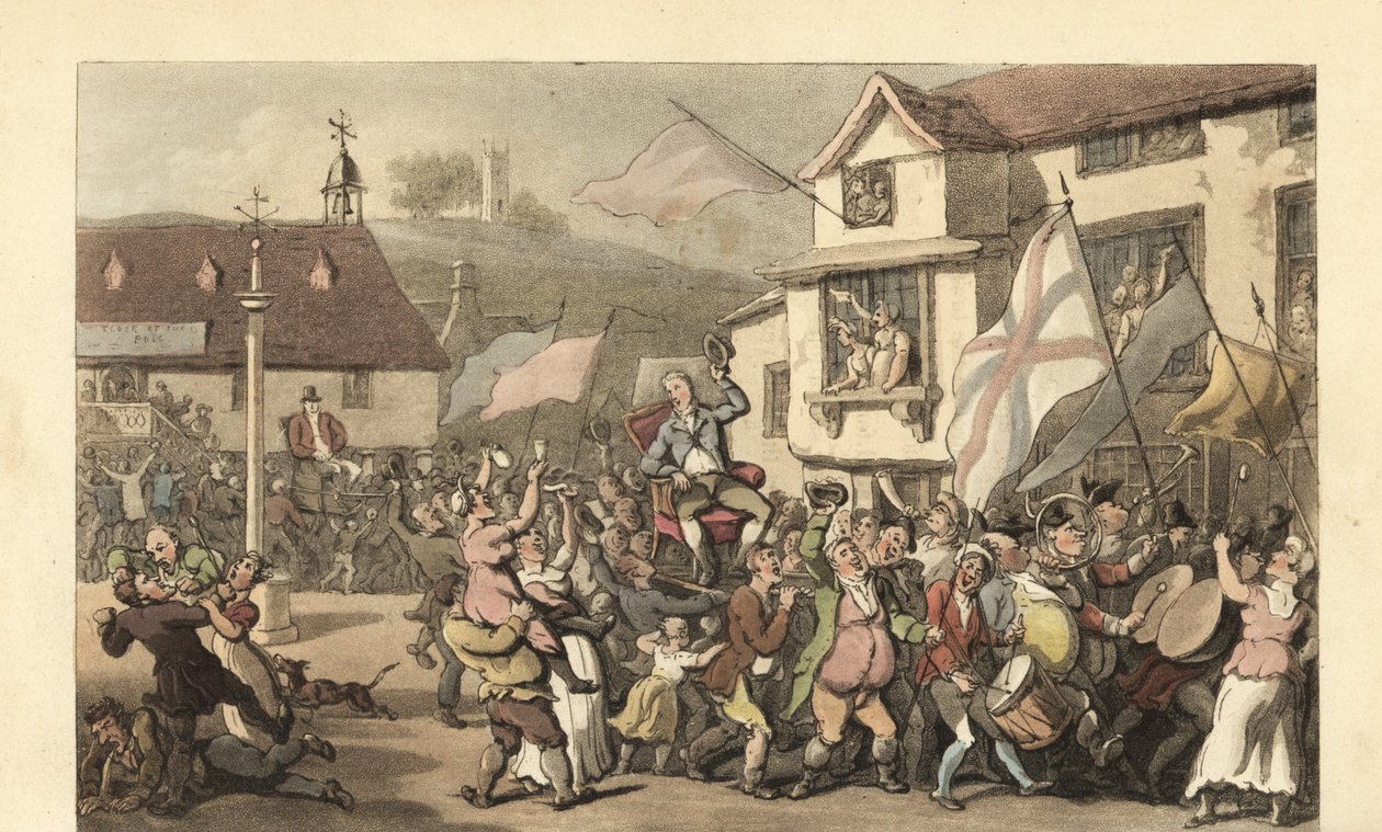 Cavalheiro inglês carregado em uma cadeira de sedan para uma eleição de Thomas Rowlandson