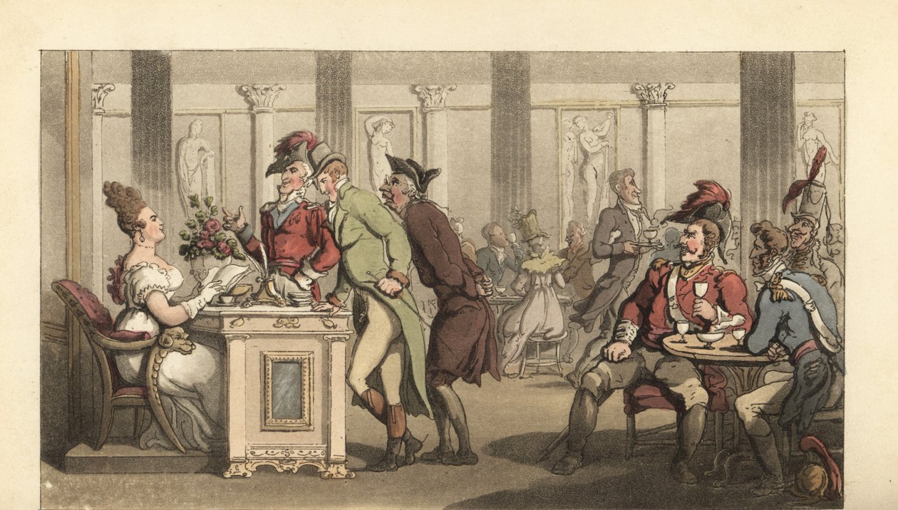 Cavalheiro inglês flertando com o Fair Limonadiere em um café em paris de Thomas Rowlandson