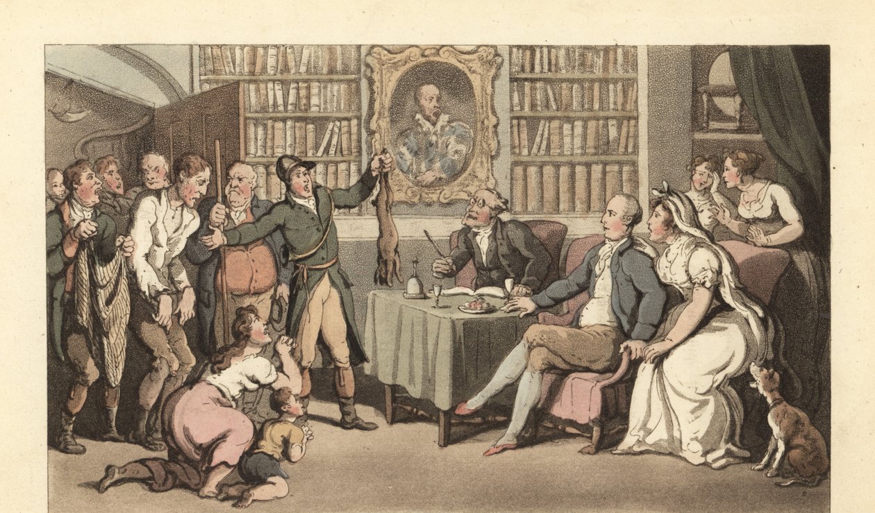 Cavalheiro inglês no seu estudo a ouvir um caso de caça furtiva de Thomas Rowlandson