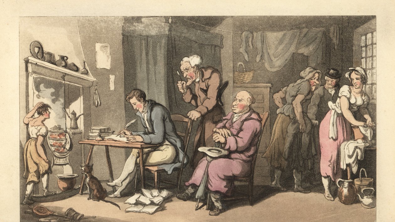 Cavalheiro inglês a escrever uma carta de mendicidade numa sala decrépita de Thomas Rowlandson