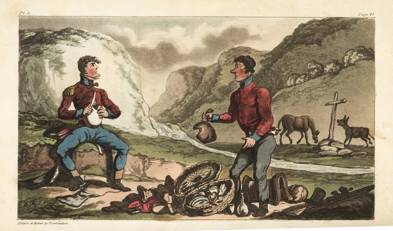 O alferes Johnny Newcome e o seu Subalternos tomam o pequeno-almoço de presunto, carne, biscoitos e aguardente à beira da estrada em Portugal. Gravura em chapa de cobre colorida à mão desenhada e gravada por Thomas Rowlandson do Coronel David Roberts
