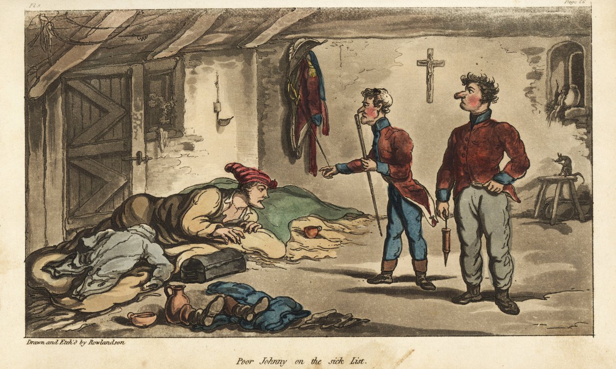 Alferes Johnny Newcome com disenteria no seu bilhete em Medina, Espanha. Gravura em chapa de cobre colorida à mão desenhada e gravada por Thomas Rowlandson do Coronel David Roberts