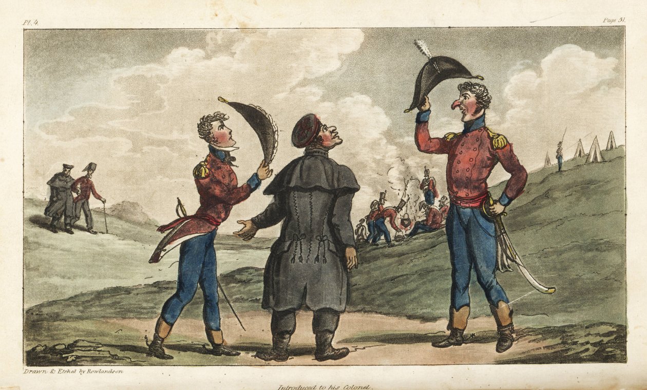 O Alferes Johnny Newcome foi apresentado ao Coronel do seu regimento antes da Batalha de Salamanca. Gravura em chapa de cobre colorida à mão desenhada e gravada por Thomas Rowlandson do Coronel David Roberts