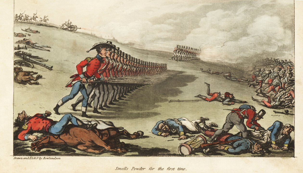 O alferes Johnny Newcome participa na sua primeira acção, a acusação contra o Exército francês na Batalha de Salamanca de Thomas Rowlandson