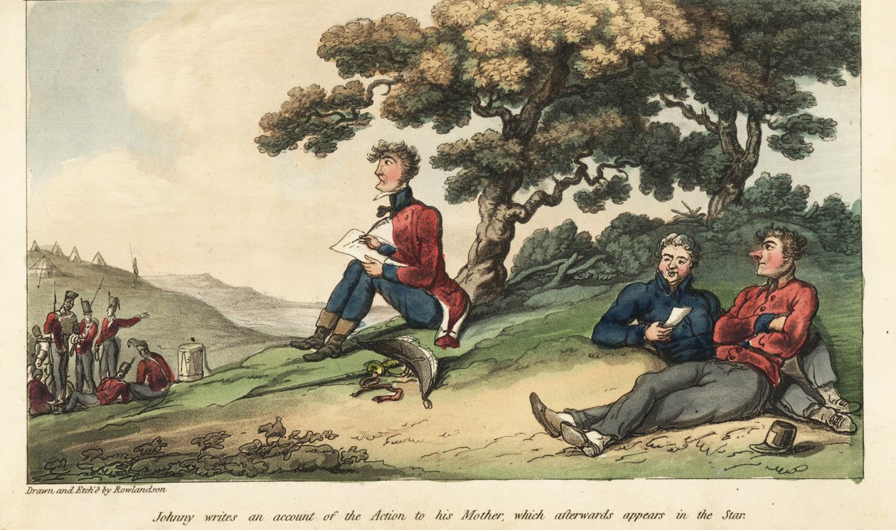 O alferes Johnny Newcome escrevendo uma carta à sua mãe descrevendo a Batalha de Salamanca de Thomas Rowlandson