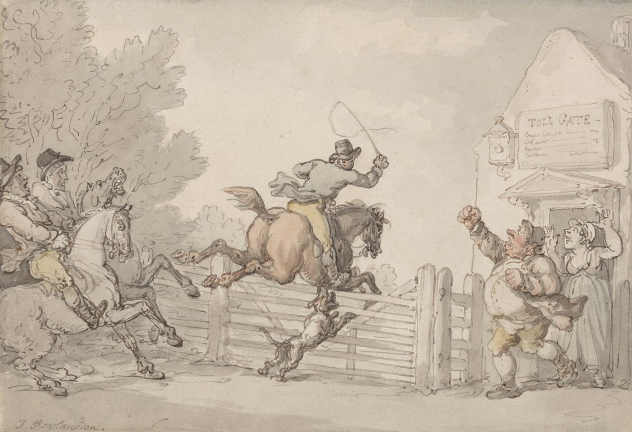 Evading the Toll, c.1805-10 (grafite, caneta, tinta e w - c no papel) de Thomas Rowlandson