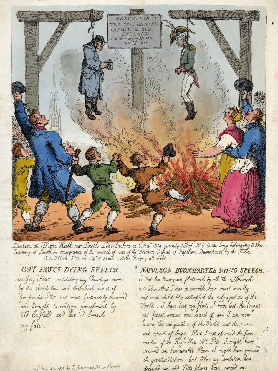 Execução de dois famosos inimigos da velha Inglaterra, Guy Fawkes e Napoleão Buonaparte - O seu último discurso, na forca. 1813. gravura. de Thomas Rowlandson