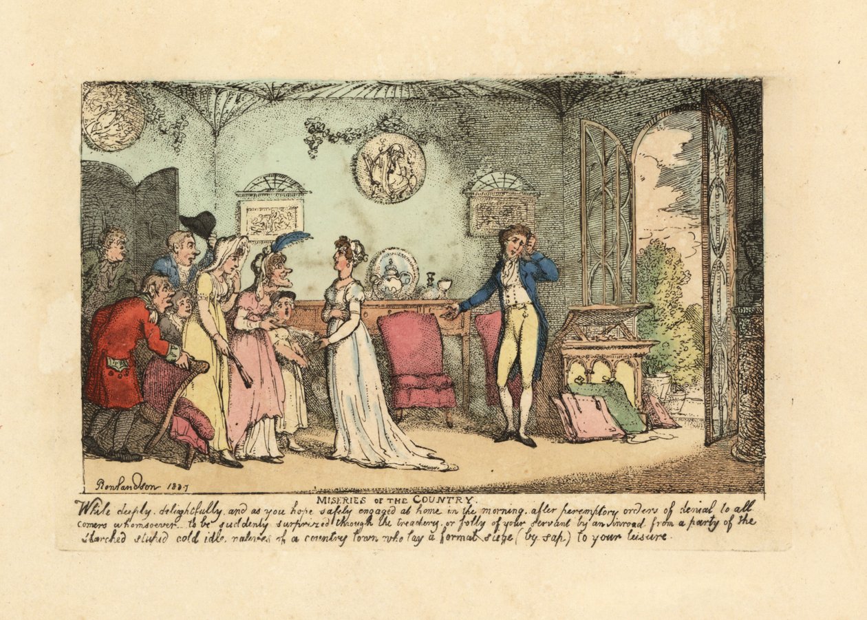 Casal da moda perturbado por um parente estúpido e frio como a pedra de Thomas Rowlandson