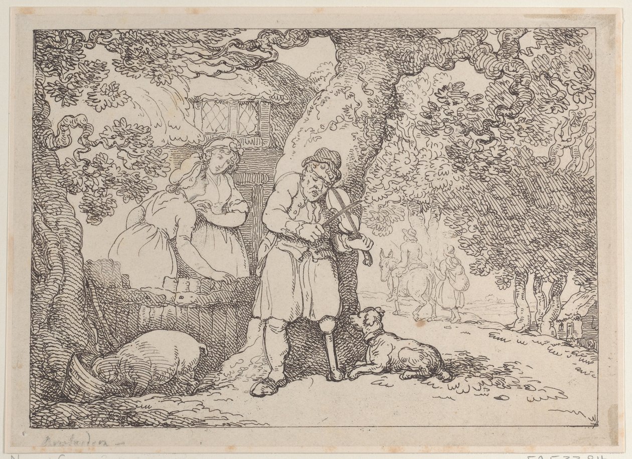 Fiddler, Sailor, Two Women and a Pig by a Cottage, 1816., 1816. de Thomas Rowlandson