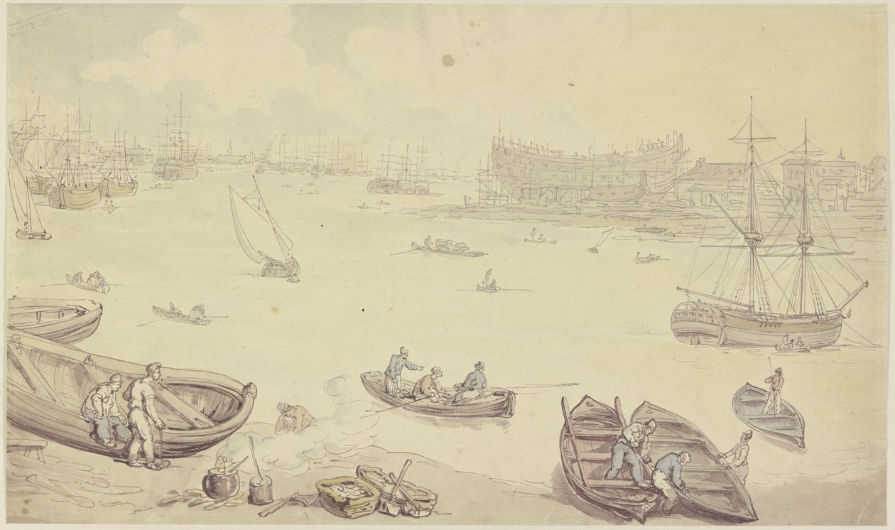 Rio com muitos navios e um estaleiro de Thomas Rowlandson