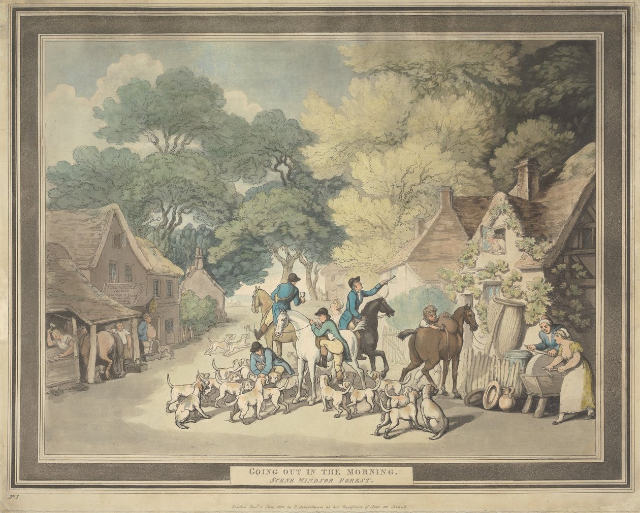 Caça à raposa [conjunto de quatro]: 1. Saída pela manhã. / Cena perto da Floresta de Windsor de Thomas Rowlandson