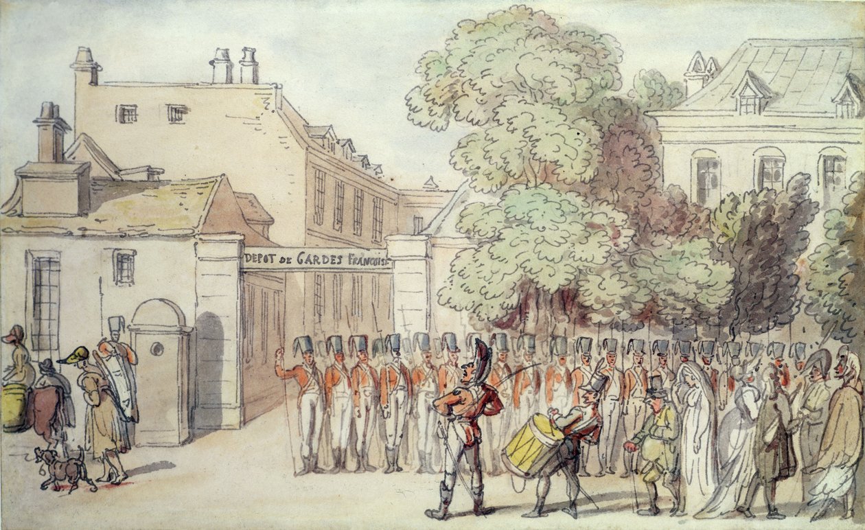 French Soldiers on Parade (caneta e aquarela sobre papel) de Thomas Rowlandson