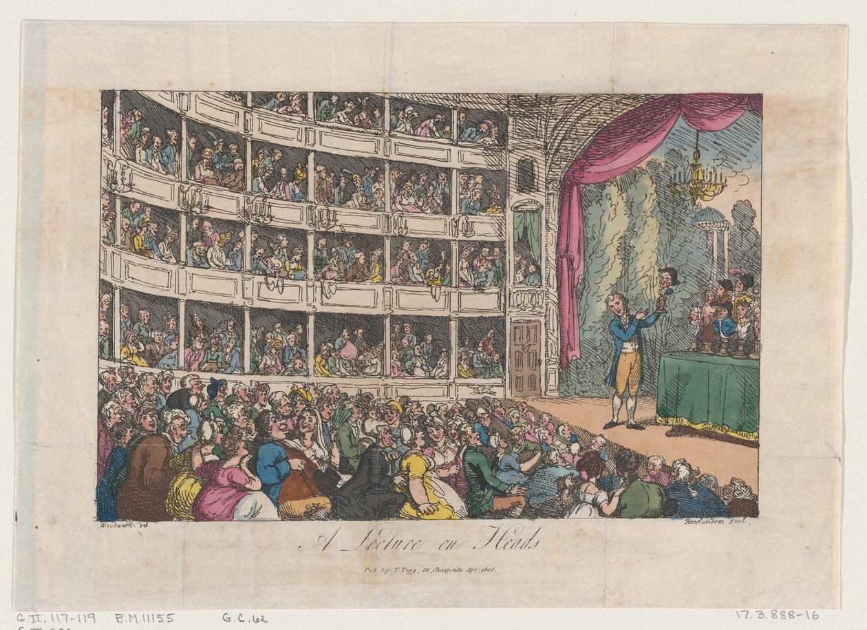 Frontispício, de A Lecture on Heads por George Alexander Stevens, abril de 1808., abril de 1808. de Thomas Rowlandson