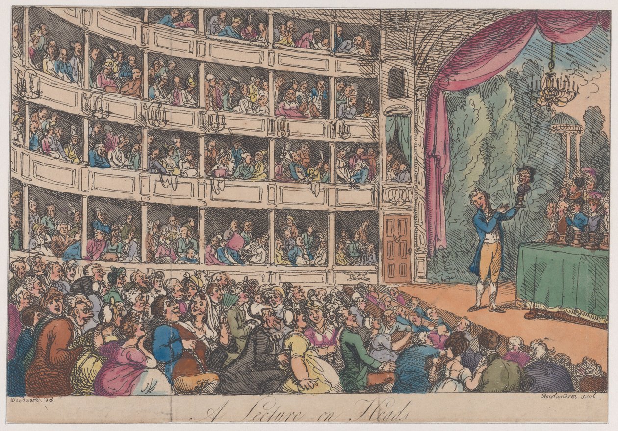 Frontispício, de A Lecture on Heads por George Alexander Stevens, abril de 1808., abril de 1808. de Thomas Rowlandson