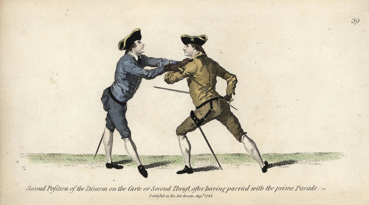 Cavalheiro esgrimista na segunda posição do Desarme na Carte ou Segundo Impulso, após a parada do Desfile Principal. Gravura em chapa de cobre colorida à mão, depois de uma ilustração de Thomas Rowlandson da The School of Fencing, do Sr. Domenico Angelo, L de Thomas Rowlandson