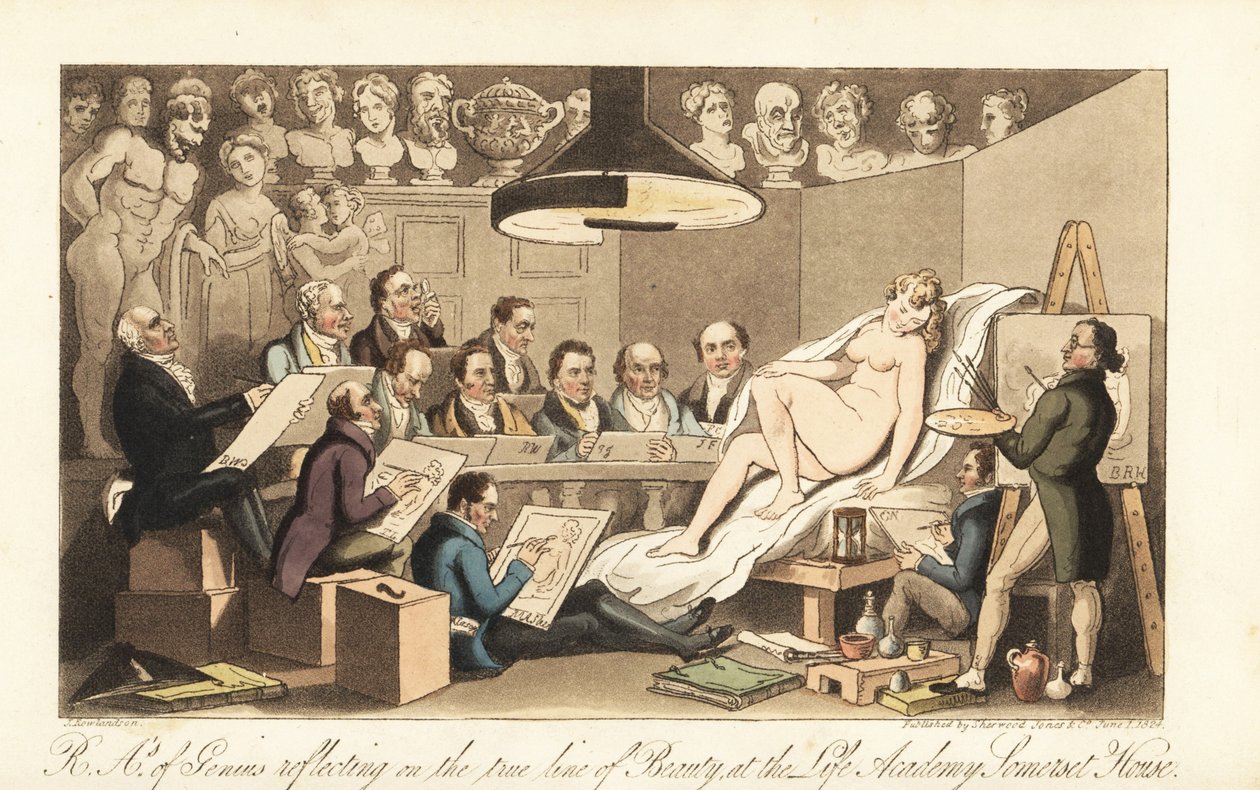 Artistas georgianos como Benjamin West, Thomas Lawrence, Benjamin Haydon, Joseph Farrington, Richard Westall e Martin Archer Shee desenham um modelo nu, enquanto os bustos clássicos olham para baixo. Royal Academicians of Genius refletindo sobre a verdadei de Thomas Rowlandson