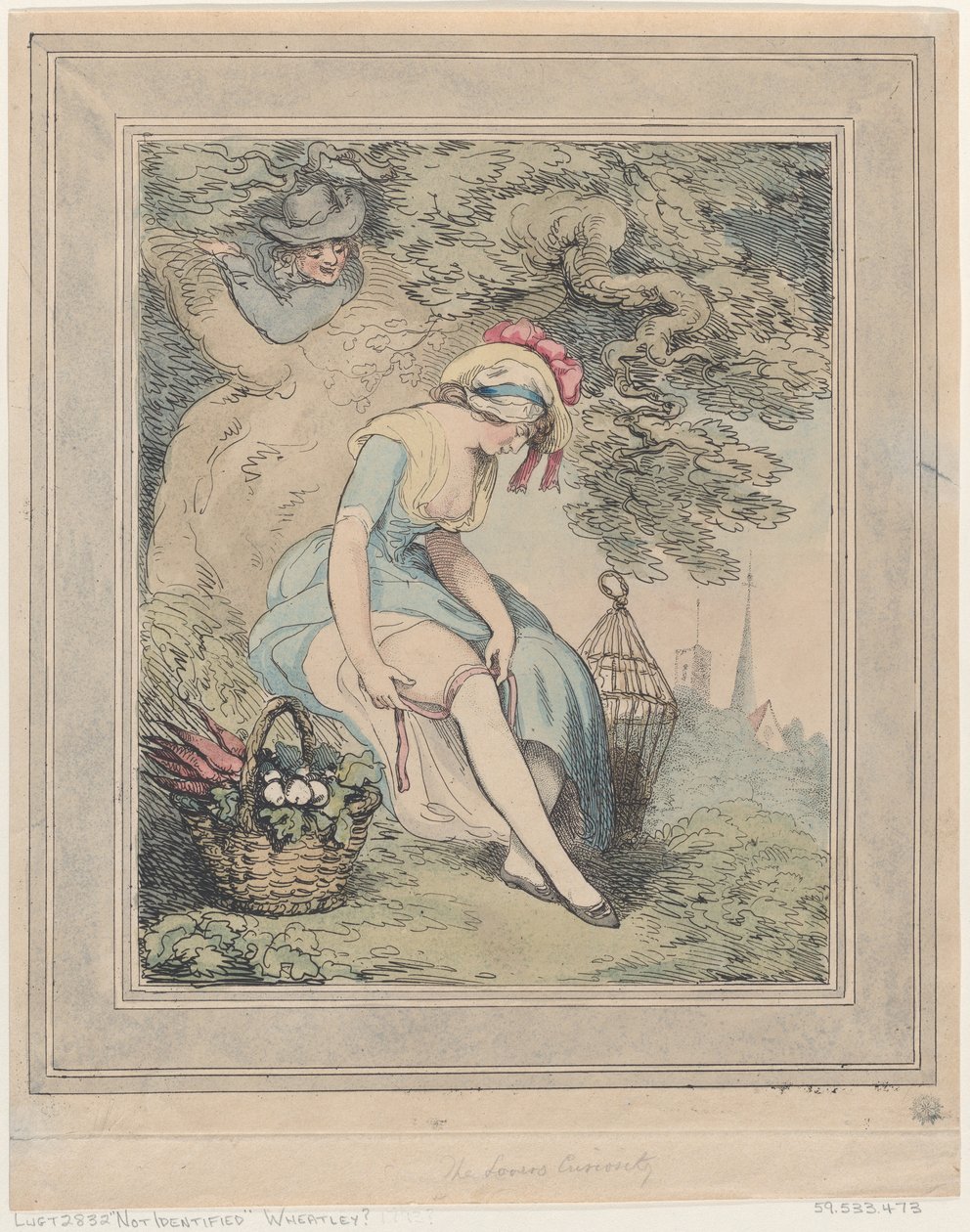 Menina com uma cesta e gaiola ajustando sua liga, 1785-95., 1785-95. de Thomas Rowlandson