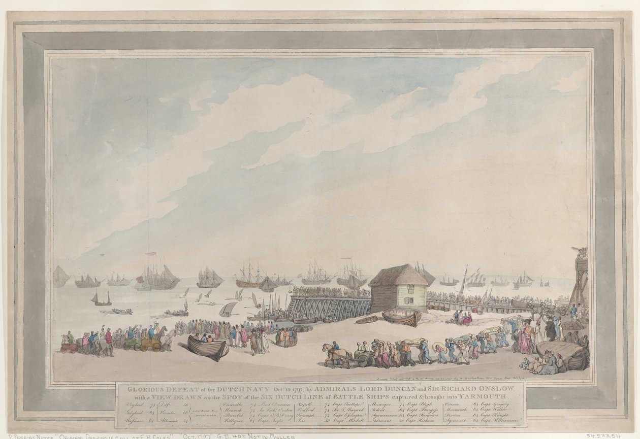«A Gloriosa Derrota da Marinha Holandesa, 10 de outubro de 1797», pelos almirantes Lord Duncan e Sir Richard Onslow, com uma ilustração feita no local dos seis navios de linha holandeses capturados e levados para Yarmouth de Thomas Rowlandson