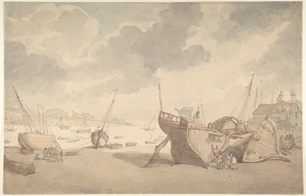 Cena do porto com a maré baixa e barcos encalhados de Thomas Rowlandson