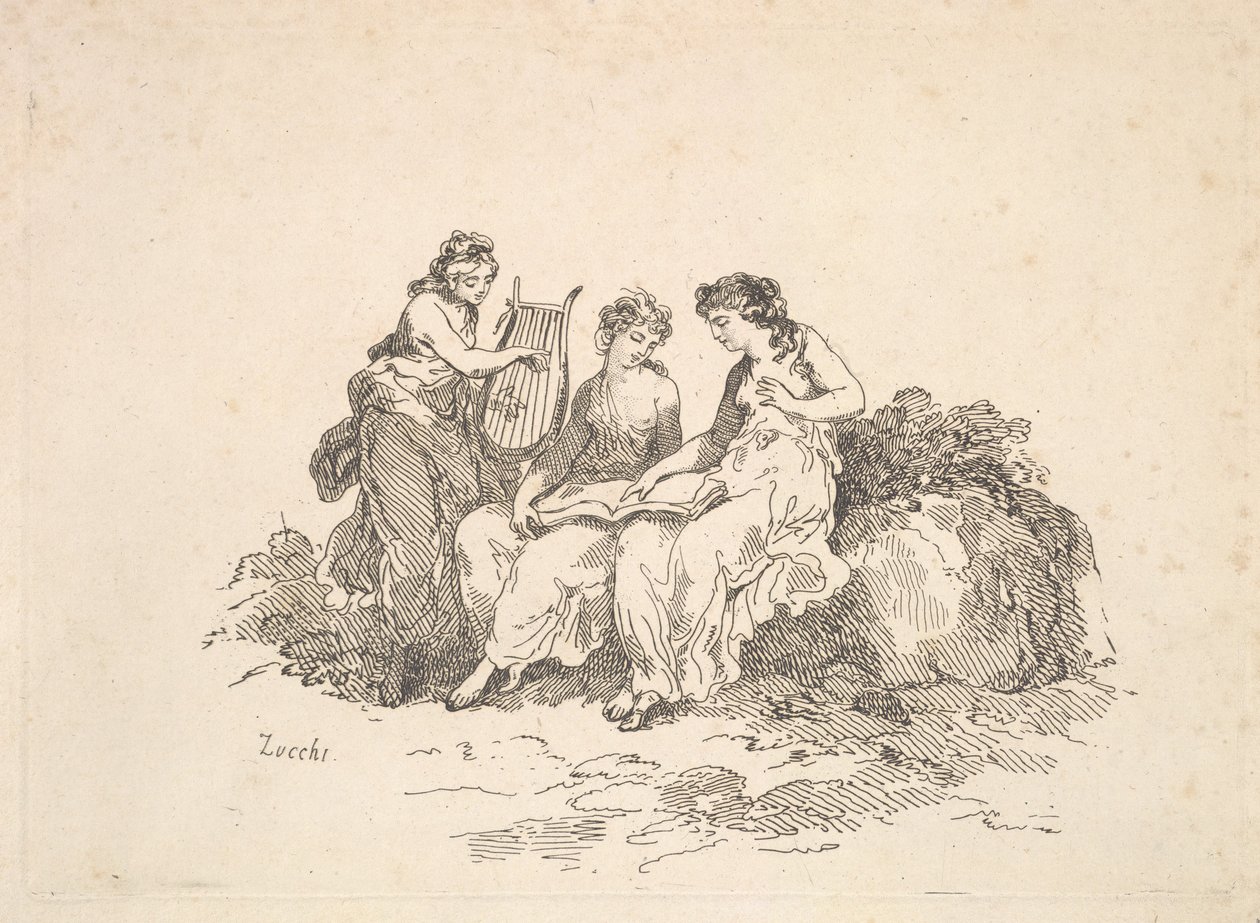 Harmonia - duas ninfas cantando, outra tocando uma lira, 1784-88. de Thomas Rowlandson